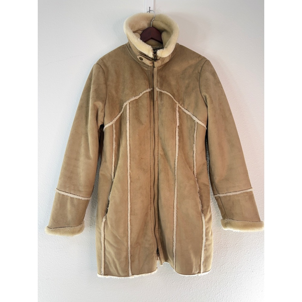 Vintage Y2K Big Chill Faux Suede Car Coat Boho Tan Faux Fur Trim Fall Winter